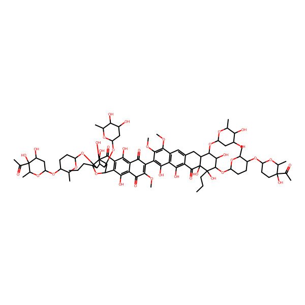 2D Structure of 5-[5-(5-acetyl-4,5-dihydroxy-6-methyloxan-2-yl)oxy-6-methyloxan-2-yl]oxy-15-[9-[5-(5-acetyl-5-hydroxy-6-methyloxan-2-yl)oxy-6-methyloxan-2-yl]oxy-7-(4,5-dihydroxy-6-methyloxan-2-yl)oxy-1,8,10,10a,12-pentahydroxy-3,4-dimethoxy-11-oxo-10-propyl-6a,7,8,9-tetrahydro-6H-tetracen-2-yl]-7-(4,5-dihydroxy-6-methyloxan-2-yl)oxy-6,9,12,19-tetrahydroxy-16-methoxy-4-propyl-3-oxapentacyclo[9.8.0.02,8.04,9.013,18]nonadeca-1(11),12,15,18-tetraene-10,14,17-trione