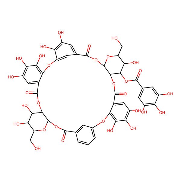 2D Structure of [4,5,6,13,21,22,26,27,28,34,35-Undecahydroxy-14,36-bis(hydroxymethyl)-9,18,31,40-tetraoxo-2,10,15,17,24,32,37,39-octaoxaheptacyclo[39.3.1.119,23.03,8.011,16.025,30.033,38]hexatetraconta-1(44),3,5,7,19,21,23(46),25,27,29,41(45),42-dodecaen-12-yl] 3,4,5-trihydroxybenzoate