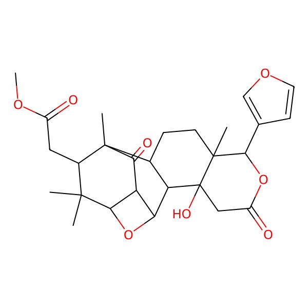2D Structure of methyl 2-[(1R,2S,3R,7S,8S,11S,12R,13S,15R,17S)-7-(furan-3-yl)-3-hydroxy-8,12,14,14-tetramethyl-5,18-dioxo-6,16-dioxapentacyclo[10.4.2.02,11.03,8.015,17]octadecan-13-yl]acetate