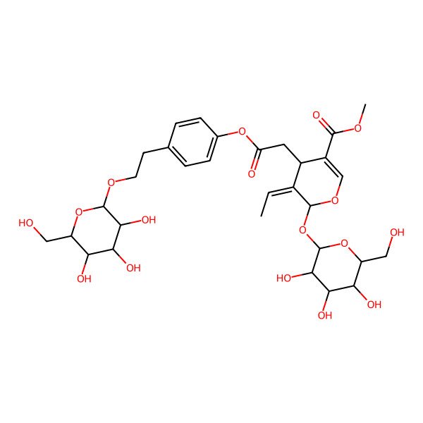 2D Structure of methyl 5-ethylidene-4-[2-oxo-2-[4-[2-[3,4,5-trihydroxy-6-(hydroxymethyl)oxan-2-yl]oxyethyl]phenoxy]ethyl]-6-[3,4,5-trihydroxy-6-(hydroxymethyl)oxan-2-yl]oxy-4H-pyran-3-carboxylate