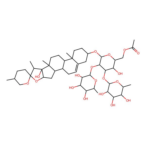 2D Structure of [(2R,3R,4S,5R,6R)-3-hydroxy-6-[(1R,2S,4S,5'R,6R,7S,8S,9S,12S,13R,16S)-8-hydroxy-5',7,9,13-tetramethylspiro[5-oxapentacyclo[10.8.0.02,9.04,8.013,18]icos-18-ene-6,2'-oxane]-16-yl]oxy-4,5-bis[[(2S,3R,4R,5R,6S)-3,4,5-trihydroxy-6-methyloxan-2-yl]oxy]oxan-2-yl]methyl acetate