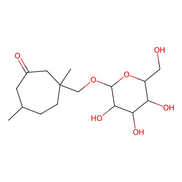 2D Structure of cis-(3R,6R)-3,6-dimethyl-3-[[(2R,3R,4S,5S,6R)-3,4,5-trihydroxy-6-(hydroxymethyl)oxan-2-yl]oxymethyl]cycloheptan-1-one