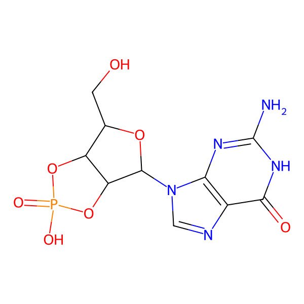 2D Structure of 2-amino-9-[2-hydroxy-6-(hydroxymethyl)-2-oxo-3a,4,6,6a-tetrahydrofuro[3,4-d][1,3,2]dioxaphosphol-4-yl]-1H-purin-6-one