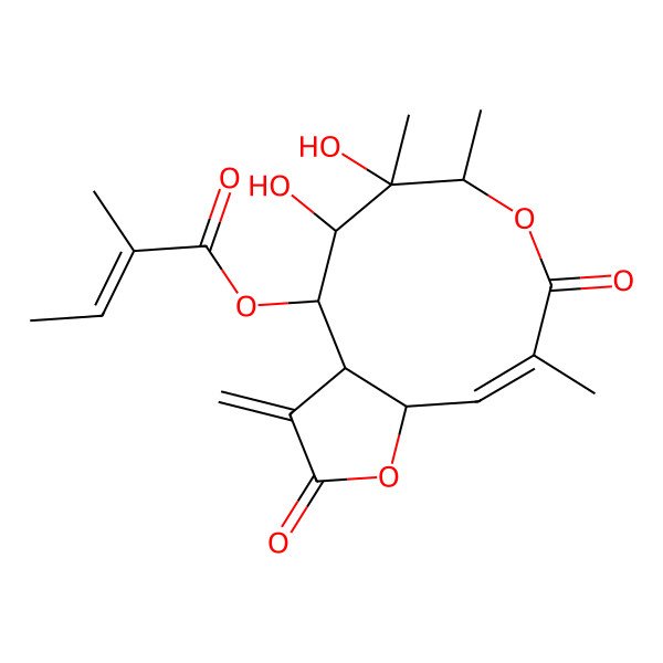 2D Structure of (5,6-dihydroxy-6,7,10-trimethyl-3-methylidene-2,9-dioxo-4,5,7,11a-tetrahydro-3aH-furo[2,3-e]oxecin-4-yl) 2-methylbut-2-enoate