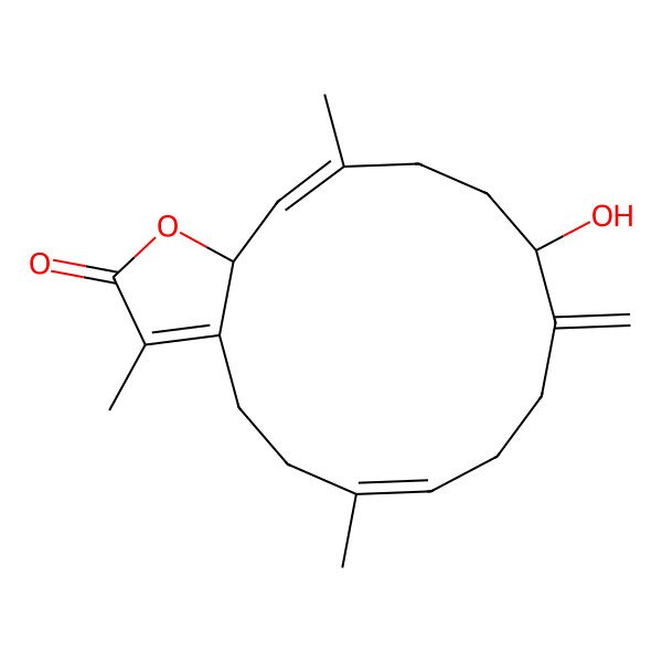 2D Structure of (6E,11R,14E,15aS)-11-hydroxy-3,6,14-trimethyl-10-methylidene-4,5,8,9,11,12,13,15a-octahydrocyclotetradeca[b]furan-2-one