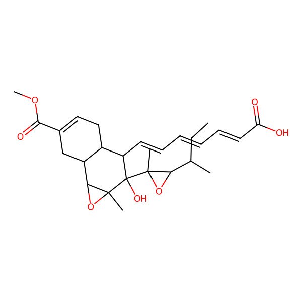 2D Structure of (2E,4E,6E)-7-[(1aS,2S,3S,3aR,7aR,7bS)-2-[(2R,3S)-3-butan-2-yl-2-methyloxiran-2-yl]-2-hydroxy-6-methoxycarbonyl-1a-methyl-3,3a,4,7,7a,7b-hexahydronaphtho[1,2-b]oxiren-3-yl]hepta-2,4,6-trienoic acid