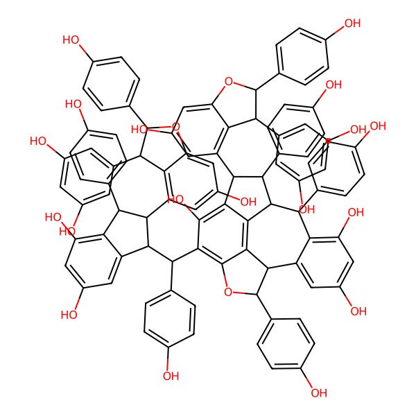 2D Structure of (1S,2S,3R,9S,10S,17S)-3-[(2R,3R)-3-(3,5-dihydroxyphenyl)-6-hydroxy-2-(4-hydroxyphenyl)-2,3-dihydro-1-benzofuran-4-yl]-6-[(S)-[(1R,2R,3S)-2-[(2R,3S)-3-(3,5-dihydroxyphenyl)-6-hydroxy-2-(4-hydroxyphenyl)-2,3-dihydro-1-benzofuran-4-yl]-4,6-dihydroxy-3-(4-hydroxyphenyl)-2,3-dihydro-1H-inden-1-yl]-(4-hydroxyphenyl)methyl]-2,9,17-tris(4-hydroxyphenyl)-8-oxapentacyclo[8.7.2.04,18.07,19.011,16]nonadeca-4(18),5,7(19),11(16),12,14-hexaene-5,13,15-triol