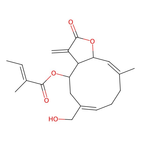 2D Structure of [(3aR,4R,6Z,10E,11aR)-6-(hydroxymethyl)-10-methyl-3-methylidene-2-oxo-3a,4,5,8,9,11a-hexahydrocyclodeca[b]furan-4-yl] (E)-2-methylbut-2-enoate