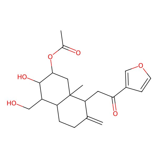 2D Structure of [8-[2-(Furan-3-yl)-2-oxoethyl]-3-hydroxy-4-(hydroxymethyl)-8a-methyl-7-methylidene-1,2,3,4,4a,5,6,8-octahydronaphthalen-2-yl] acetate