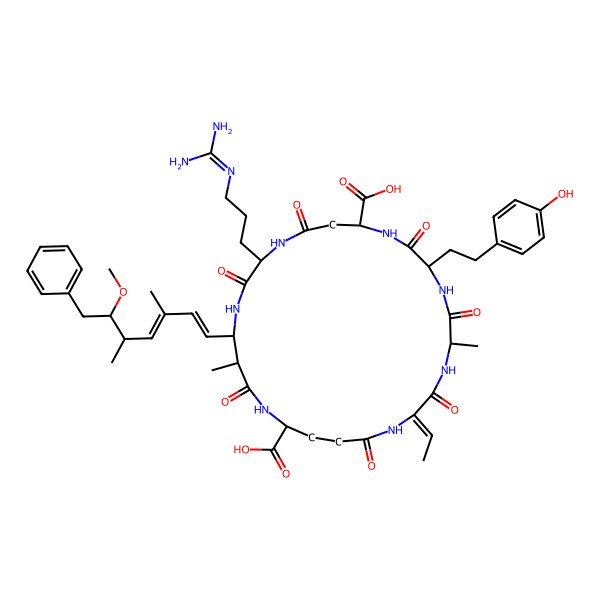 2D Structure of 15-[3-(Diaminomethylideneamino)propyl]-2-ethylidene-8-[2-(4-hydroxyphenyl)ethyl]-18-(6-methoxy-3,5-dimethyl-7-phenylhepta-1,3-dienyl)-5,19-dimethyl-3,6,9,13,16,20,25-heptaoxo-1,4,7,10,14,17,21-heptazacyclopentacosane-11,22-dicarboxylic acid