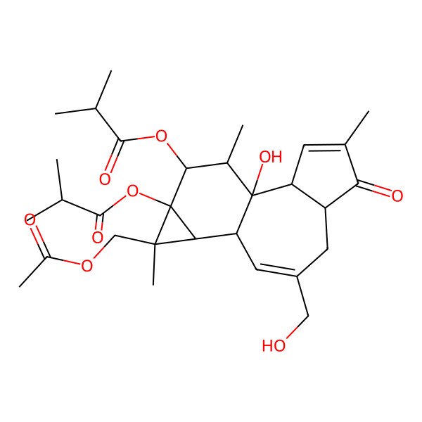 2D Structure of [(1R,2R,6S,10S,11R,12R,13S,14R,15R)-12-(acetyloxymethyl)-1-hydroxy-8-(hydroxymethyl)-4,12,15-trimethyl-13-(2-methylpropanoyloxy)-5-oxo-14-tetracyclo[8.5.0.02,6.011,13]pentadeca-3,8-dienyl] 2-methylpropanoate