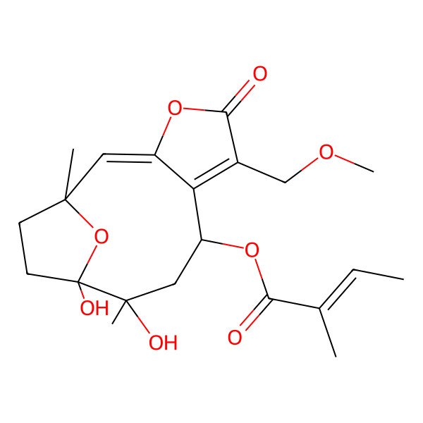2D Structure of [(1R,2E,8S,10R,11S)-10,11-dihydroxy-6-(methoxymethyl)-1,10-dimethyl-5-oxo-4,14-dioxatricyclo[9.2.1.03,7]tetradeca-2,6-dien-8-yl] (E)-2-methylbut-2-enoate