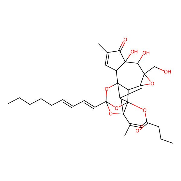 2D Structure of [(1R,2R,6S,7S,8R,10S,11S,12R,14S,16S,17R,18R)-6,7-dihydroxy-8-(hydroxymethyl)-4,18-dimethyl-14-[(1E,3E)-nona-1,3-dienyl]-5-oxo-16-prop-1-en-2-yl-9,13,15,19-tetraoxahexacyclo[12.4.1.01,11.02,6.08,10.012,16]nonadec-3-en-17-yl] butanoate