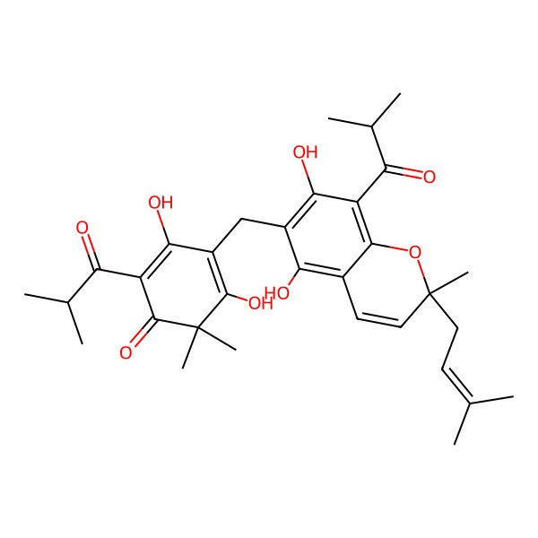2D Structure of 4-[[5,7-Dihydroxy-2-methyl-2-(3-methylbut-2-enyl)-8-(2-methylpropanoyl)chromen-6-yl]methyl]-3,5-dihydroxy-6,6-dimethyl-2-(2-methylpropanoyl)cyclohexa-2,4-dien-1-one