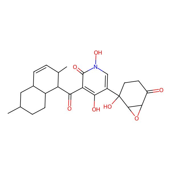 2D Structure of 3-(2,6-Dimethyl-1,2,4a,5,6,7,8,8a-octahydronaphthalene-1-carbonyl)-1,4-dihydroxy-5-(2-hydroxy-5-oxo-7-oxabicyclo[4.1.0]heptan-2-yl)pyridin-2-one
