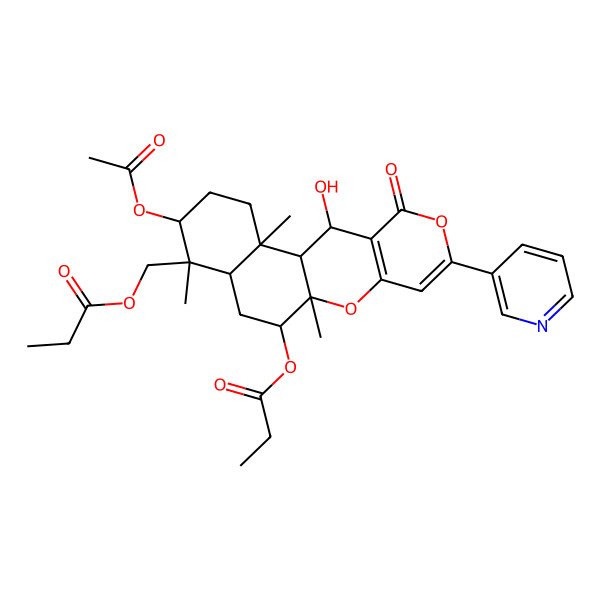 2D Structure of [(1S,2R,5S,6R,7R,9S,10S,18R)-5-acetyloxy-18-hydroxy-2,6,10-trimethyl-16-oxo-9-propanoyloxy-14-pyridin-3-yl-11,15-dioxatetracyclo[8.8.0.02,7.012,17]octadeca-12(17),13-dien-6-yl]methyl propanoate