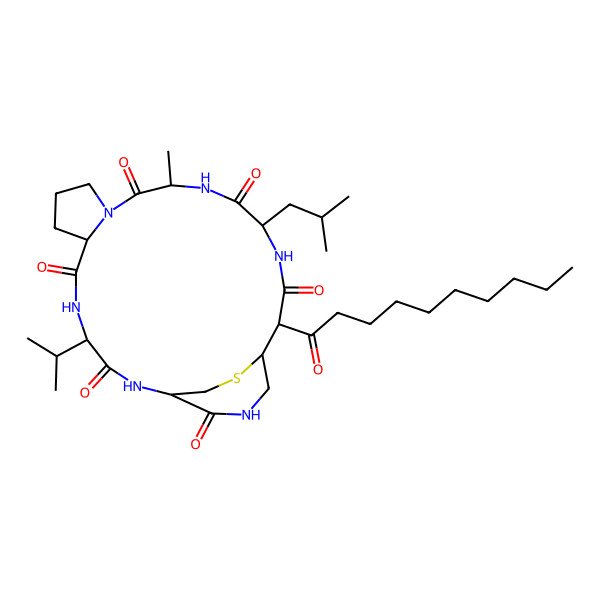 2D Structure of 19-Decanoyl-13-methyl-16-(2-methylpropyl)-4-propan-2-yl-25-thia-2,5,11,14,17,22-hexazatricyclo[18.3.2.07,11]pentacosane-3,6,12,15,18,23-hexone