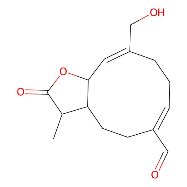 2D Structure of (3S,3aS,6E,10Z,11aS)-10-(hydroxymethyl)-3-methyl-2-oxo-3a,4,5,8,9,11a-hexahydro-3H-cyclodeca[b]furan-6-carbaldehyde