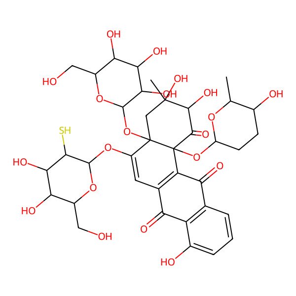 2D Structure of 5-[4,5-Dihydroxy-6-(hydroxymethyl)-3-sulfanyloxan-2-yl]oxy-2,3,8-trihydroxy-12b-(5-hydroxy-6-methyloxan-2-yl)oxy-3-methyl-4a-[3,4,5-trihydroxy-6-(hydroxymethyl)oxan-2-yl]oxy-2,4-dihydrobenzo[a]anthracene-1,7,12-trione