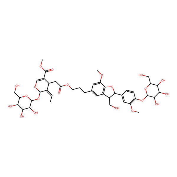 2D Structure of methyl (4S,5E,6S)-5-ethylidene-4-[2-[3-[(2S,3S)-3-(hydroxymethyl)-7-methoxy-2-[3-methoxy-4-[(2S,3R,4S,5S,6R)-3,4,5-trihydroxy-6-(hydroxymethyl)oxan-2-yl]oxyphenyl]-2,3-dihydro-1-benzofuran-5-yl]propoxy]-2-oxoethyl]-6-[(2S,3R,4S,5S,6R)-3,4,5-trihydroxy-6-(hydroxymethyl)oxan-2-yl]oxy-4H-pyran-3-carboxylate