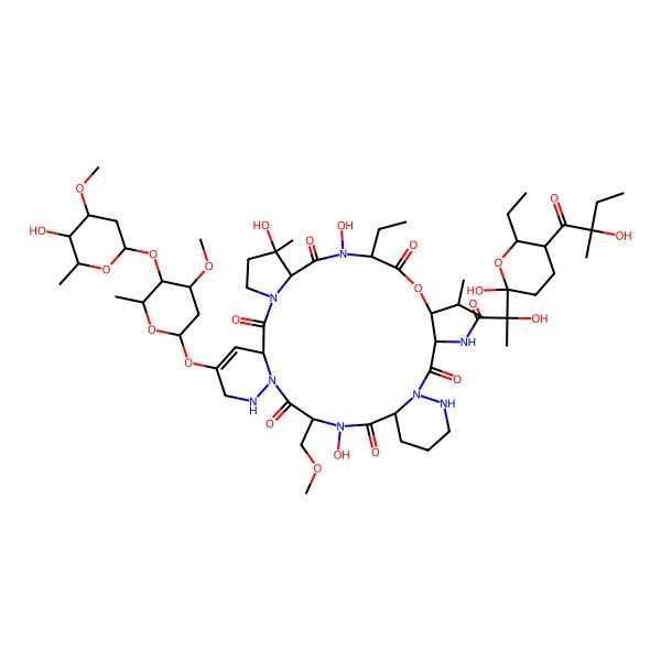 2D Structure of 2-[6-ethyl-2-hydroxy-5-(2-hydroxy-2-methylbutanoyl)oxan-2-yl]-N-[10-ethyl-6,9,23-trihydroxy-29-[5-(5-hydroxy-4-methoxy-6-methyloxan-2-yl)oxy-4-methoxy-6-methyloxan-2-yl]oxy-24-(methoxymethyl)-6-methyl-2,8,11,15,22,25-hexaoxo-13-propan-2-yl-12-oxa-3,9,16,17,23,26,27-heptazatetracyclo[24.4.0.03,7.016,21]triacont-29-en-14-yl]-2-hydroxypropanamide
