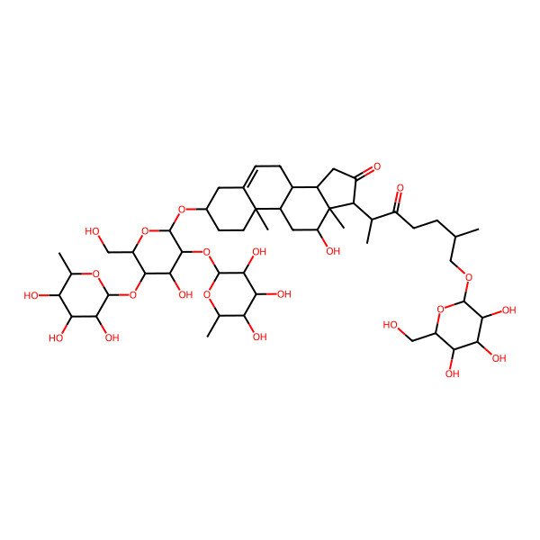 2D Structure of (3S,8R,9S,10R,12S,13S,14S,17R)-12-hydroxy-3-[(2R,3R,4S,5S,6R)-4-hydroxy-6-(hydroxymethyl)-3,5-bis[[(2S,3R,4R,5R,6S)-3,4,5-trihydroxy-6-methyloxan-2-yl]oxy]oxan-2-yl]oxy-10,13-dimethyl-17-[(2S,6R)-6-methyl-3-oxo-7-[(2R,3R,4S,5S,6R)-3,4,5-trihydroxy-6-(hydroxymethyl)oxan-2-yl]oxyheptan-2-yl]-1,2,3,4,7,8,9,11,12,14,15,17-dodecahydrocyclopenta[a]phenanthren-16-one