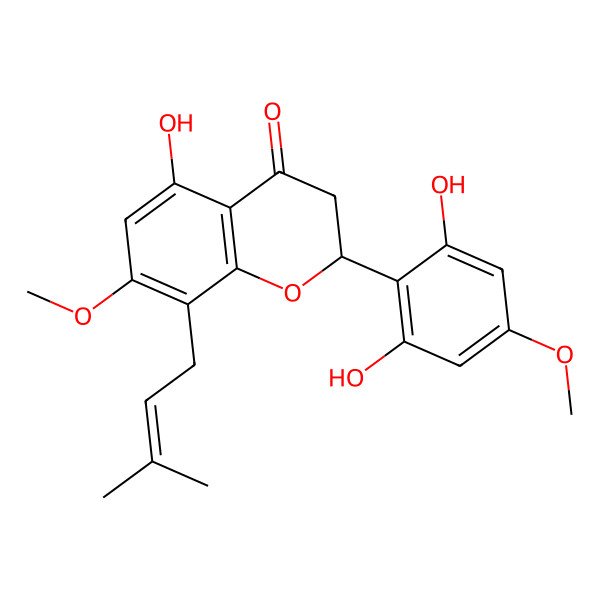 2D Structure of (2S)-2-(2,6-dihydroxy-4-methoxyphenyl)-5-hydroxy-7-methoxy-8-(3-methylbut-2-enyl)-2,3-dihydrochromen-4-one