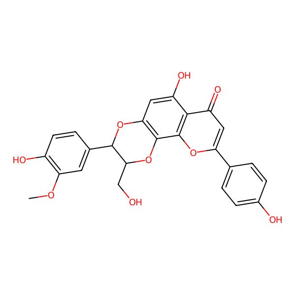 2D Structure of 6-Hydroxy-3-(4-hydroxy-3-methoxyphenyl)-2-(hydroxymethyl)-9-(4-hydroxyphenyl)-2,3-dihydropyrano[3,2-h][1,4]benzodioxin-7-one