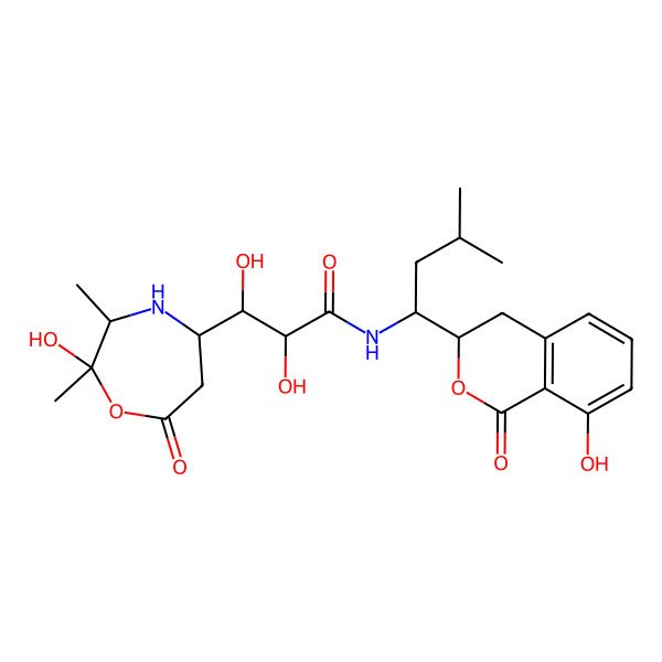 2D Structure of 2,3-dihydroxy-3-(2-hydroxy-2,3-dimethyl-7-oxo-1,4-oxazepan-5-yl)-N-[1-(8-hydroxy-1-oxo-3,4-dihydroisochromen-3-yl)-3-methylbutyl]propanamide