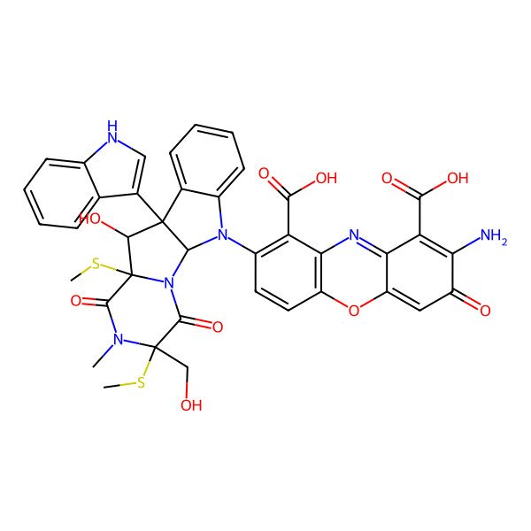2D Structure of 2-amino-8-[8-hydroxy-4-(hydroxymethyl)-9-(1H-indol-3-yl)-5-methyl-4,7-bis(methylsulfanyl)-3,6-dioxo-2,5,16-triazatetracyclo[7.7.0.02,7.010,15]hexadeca-10,12,14-trien-16-yl]-3-oxophenoxazine-1,9-dicarboxylic acid