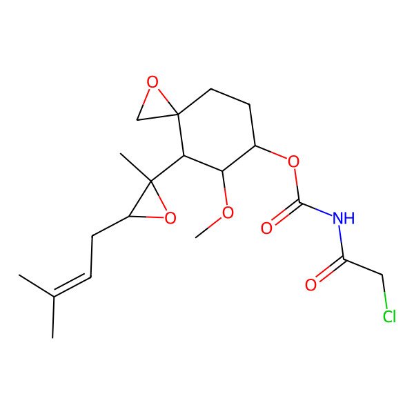 2D Structure of 5-Methoxy-4-(2-methyl-3-(3-methylbut-2-en-1-yl)oxiran-2-yl)-1-oxaspiro(2.5)octan-6-yl (chloroacetyl)carbamate