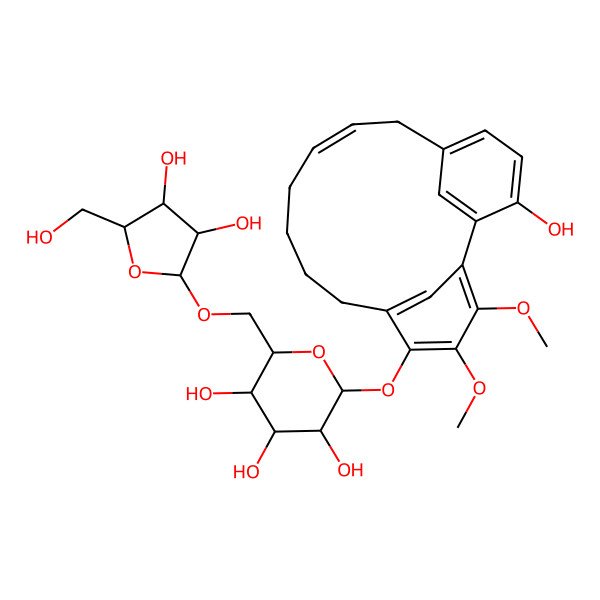 2D Structure of 2-[[3,4-Dihydroxy-5-(hydroxymethyl)oxolan-2-yl]oxymethyl]-6-[(17-hydroxy-3,4-dimethoxy-5-tricyclo[12.3.1.12,6]nonadeca-1(17),2,4,6(19),11,14(18),15-heptaenyl)oxy]oxane-3,4,5-triol