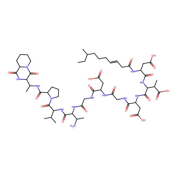 2D Structure of 4-[[1-[[2-[[1-[[2-[[3-amino-1-[[1-[2-[1-(1,4-dioxo-3,6,7,8,9,9a-hexahydro-2H-pyrido[1,2-a]pyrazin-3-yl)ethylcarbamoyl]pyrrolidin-1-yl]-3-methyl-1-oxobutan-2-yl]amino]-1-oxobutan-2-yl]amino]-2-oxoethyl]amino]-3-carboxy-1-oxopropan-2-yl]amino]-2-oxoethyl]amino]-3-carboxy-1-oxopropan-2-yl]amino]-3-[[3-carboxy-2-[[(E)-8-methyldec-3-enoyl]amino]propanoyl]amino]-2-methyl-4-oxobutanoic acid
