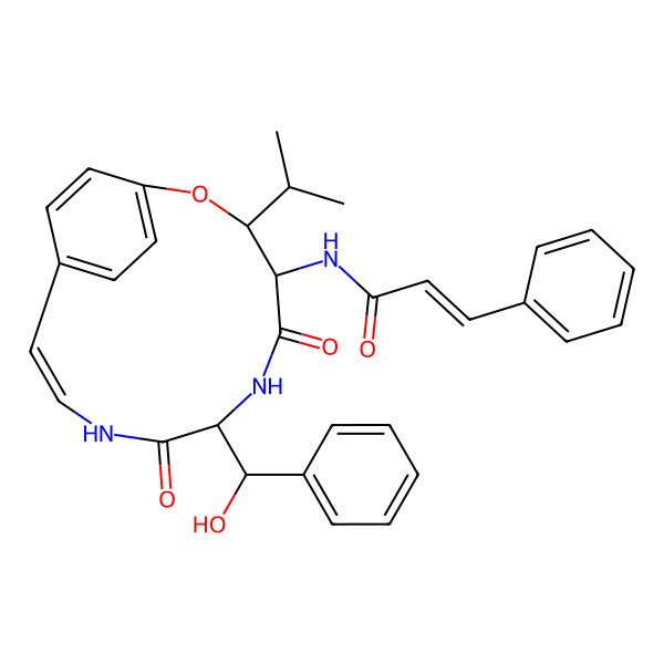2D Structure of (E)-N-[(3S,4S,7S,10Z)-7-[(S)-hydroxy(phenyl)methyl]-5,8-dioxo-3-propan-2-yl-2-oxa-6,9-diazabicyclo[10.2.2]hexadeca-1(14),10,12,15-tetraen-4-yl]-3-phenylprop-2-enamide