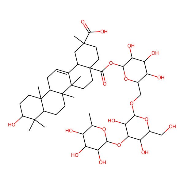 2D Structure of 4a-[6-[[3,5-Dihydroxy-6-(hydroxymethyl)-4-(3,4,5-trihydroxy-6-methyloxan-2-yl)oxyoxan-2-yl]oxymethyl]-3,4,5-trihydroxyoxan-2-yl]oxycarbonyl-10-hydroxy-2,6a,6b,9,9,12a-hexamethyl-1,3,4,5,6,6a,7,8,8a,10,11,12,13,14b-tetradecahydropicene-2-carboxylic acid