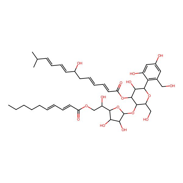 2D Structure of D-Glucitol, 1,5-anhydro-1-C-(2,4-dihydroxy-6-(hydroxymethyl)phenyl)-4-O-(6-O-(1-oxo-2,4-decadienyl)-beta-D-galactopyranosyl)-, 3-(7-hydroxy-2,4,8,10-tetradecatetraenoate)