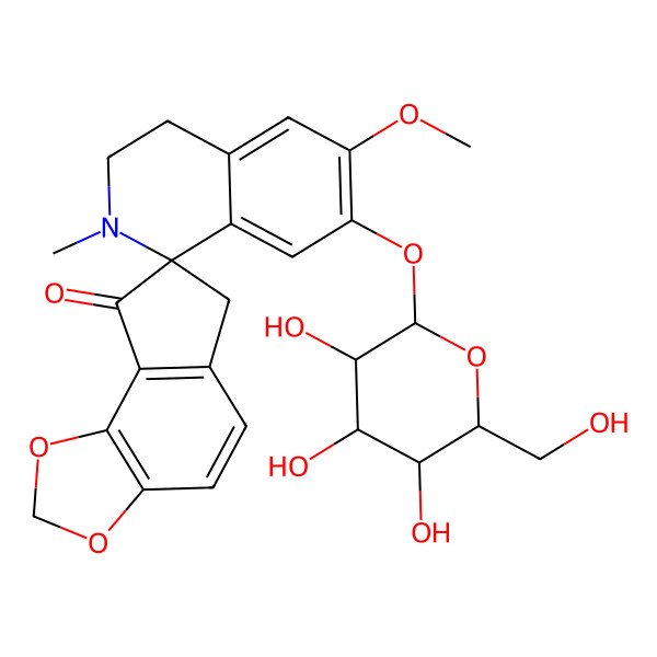 2D Structure of Spiro(7H-indeno(4,5-d)-1,3-dioxole-7,1'(2'H)-isoquinolin)-8(6H)-one,7'-(beta-D-glucopyranosyloxy)-3',4'-dihydro-6'-methoxy-2'-methyl-, (2'S)-