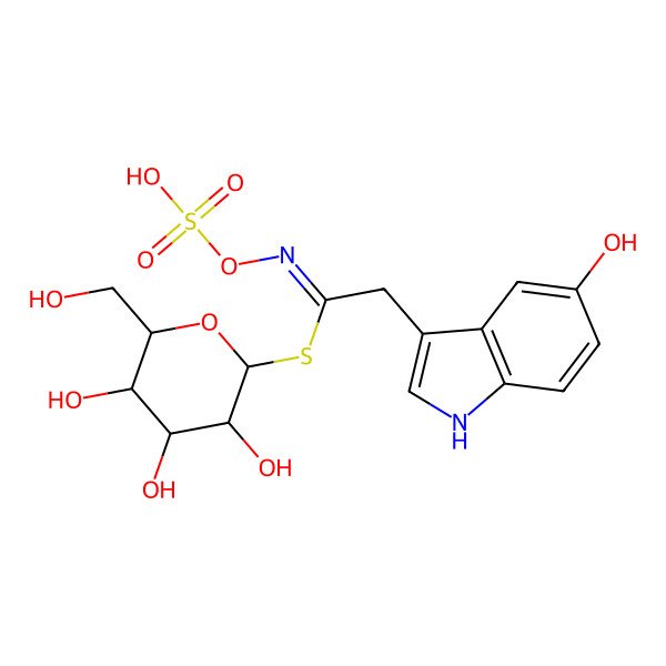 2D Structure of [(2S,3R,4S,5S,6R)-3,4,5-trihydroxy-6-(hydroxymethyl)oxan-2-yl] (1E)-2-(5-hydroxy-1H-indol-3-yl)-N-sulfooxyethanimidothioate