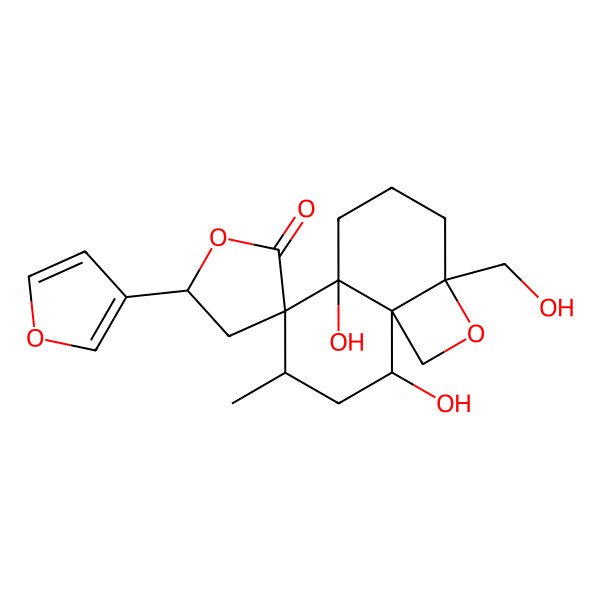 2D Structure of 5'-(furan-3-yl)-5a,9-dihydroxy-2a-(hydroxymethyl)-7-methylspiro[3,4,5,7,8,9-hexahydro-1H-naphtho[1,8a-b]oxete-6,3'-oxolane]-2'-one