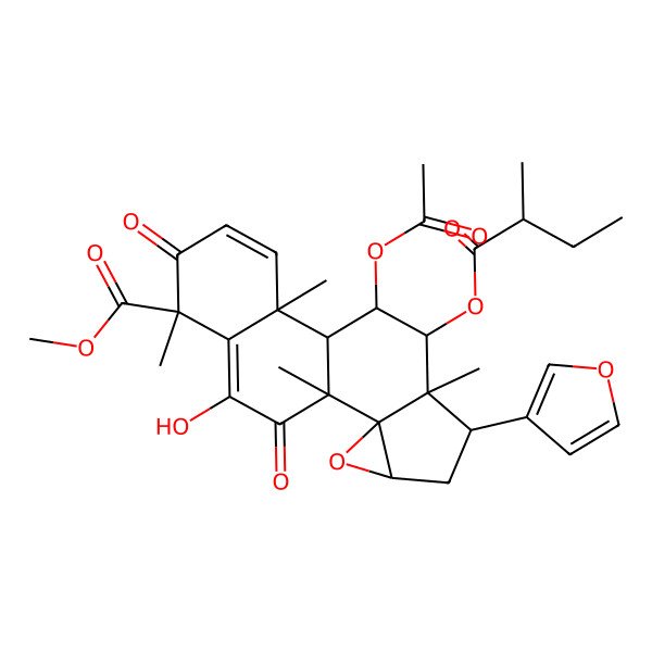 2D Structure of Methyl 9-acetyloxy-6-(furan-3-yl)-17-hydroxy-1,7,11,15-tetramethyl-8-(2-methylbutanoyloxy)-14,18-dioxo-3-oxapentacyclo[8.8.0.02,4.02,7.011,16]octadeca-12,16-diene-15-carboxylate