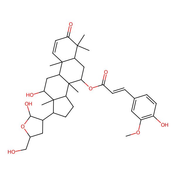 2D Structure of [12-Hydroxy-17-[2-hydroxy-5-(hydroxymethyl)oxolan-3-yl]-4,4,8,10,13-pentamethyl-3-oxo-5,6,7,9,11,12,14,15,16,17-decahydrocyclopenta[a]phenanthren-7-yl] 3-(4-hydroxy-3-methoxyphenyl)prop-2-enoate