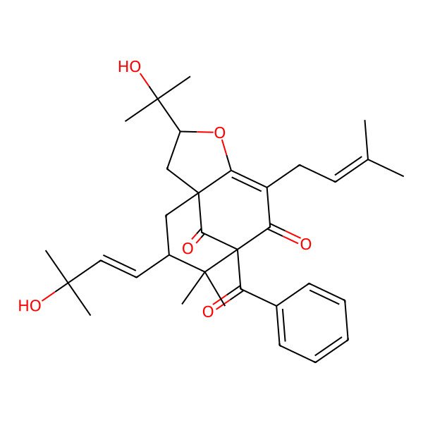 2D Structure of (1R,3R,8S,10S)-8-benzoyl-10-[(E)-3-hydroxy-3-methylbut-1-enyl]-3-(2-hydroxypropan-2-yl)-9,9-dimethyl-6-(3-methylbut-2-enyl)-4-oxatricyclo[6.3.1.01,5]dodec-5-ene-7,12-dione