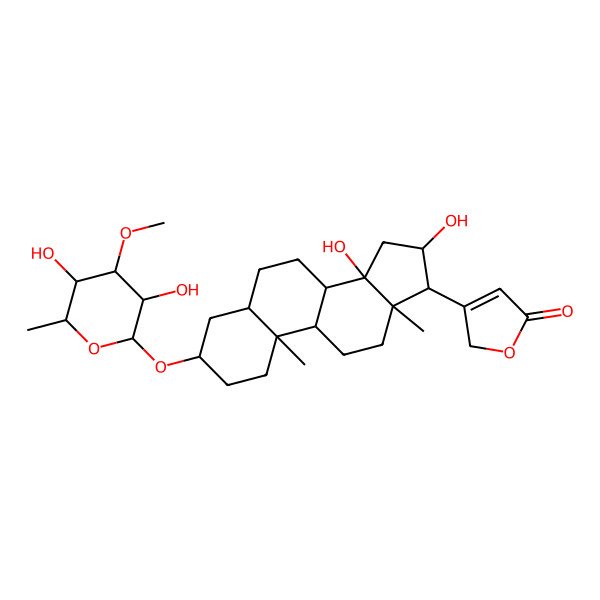 2D Structure of 3-[(3R,5R,8R,9S,10S,13S,14R,16S,17S)-3-[(2R,3R,4S,5S,6R)-3,5-dihydroxy-4-methoxy-6-methyloxan-2-yl]oxy-14,16-dihydroxy-10,13-dimethyl-1,2,3,4,5,6,7,8,9,11,12,15,16,17-tetradecahydrocyclopenta[a]phenanthren-17-yl]-2H-furan-5-one