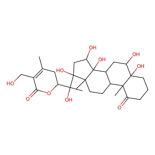 2D Structure of (2S)-5-(hydroxymethyl)-2-[(1S)-1-hydroxy-1-[(5R,6R,8R,9S,10R,13S,14R,15S,17S)-5,6,14,15,17-pentahydroxy-10,13-dimethyl-1-oxo-3,4,6,7,8,9,11,12,15,16-decahydro-2H-cyclopenta[a]phenanthren-17-yl]ethyl]-4-methyl-2,3-dihydropyran-6-one