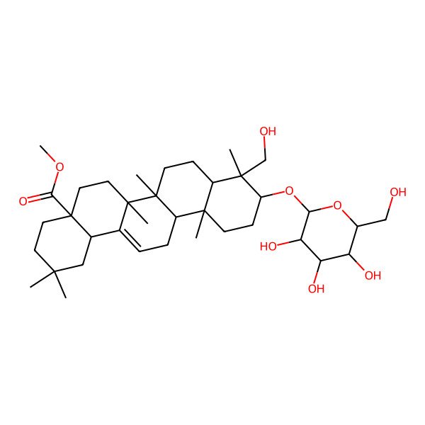 2D Structure of methyl (4aS,6aR,6aS,6bR,8aR,9R,10S,12aR,14bS)-9-(hydroxymethyl)-2,2,6a,6b,9,12a-hexamethyl-10-[(2R,3R,4S,5S,6R)-3,4,5-trihydroxy-6-(hydroxymethyl)oxan-2-yl]oxy-1,3,4,5,6,6a,7,8,8a,10,11,12,13,14b-tetradecahydropicene-4a-carboxylate