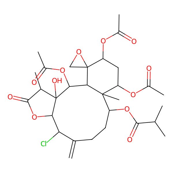 2D Structure of (2,14,16-Triacetyloxy-8-chloro-3-hydroxy-4,13-dimethyl-9-methylidene-5-oxospiro[6-oxatricyclo[11.4.0.03,7]heptadecane-17,2'-oxirane]-12-yl) 2-methylpropanoate