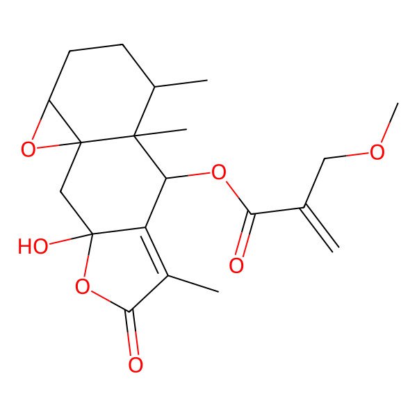 2D Structure of (3-Hydroxy-6,9,10-trimethyl-5-oxo-4,14-dioxatetracyclo[7.5.0.01,13.03,7]tetradec-6-en-8-yl) 2-(methoxymethyl)prop-2-enoate