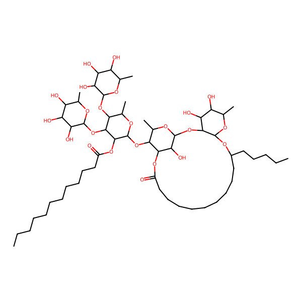 2D Structure of [(2S,3R,4R,5S,6S)-6-methyl-2-[[(1S,3R,4S,5R,6R,8S,10S,22S,23S,24S,26R)-4,5,26-trihydroxy-6,24-dimethyl-20-oxo-10-pentyl-2,7,9,21,25-pentaoxatricyclo[20.3.1.03,8]hexacosan-23-yl]oxy]-4,5-bis[[(2S,3R,4R,5R,6S)-3,4,5-trihydroxy-6-methyloxan-2-yl]oxy]oxan-3-yl] dodecanoate