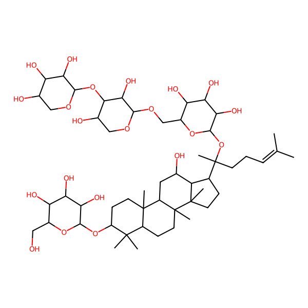 2D Structure of 2-[[17-[2-[6-[[3,5-dihydroxy-4-(3,4,5-trihydroxyoxan-2-yl)oxyoxan-2-yl]oxymethyl]-3,4,5-trihydroxyoxan-2-yl]oxy-6-methylhept-5-en-2-yl]-12-hydroxy-4,4,8,10,14-pentamethyl-2,3,5,6,7,9,11,12,13,15,16,17-dodecahydro-1H-cyclopenta[a]phenanthren-3-yl]oxy]-6-(hydroxymethyl)oxane-3,4,5-triol