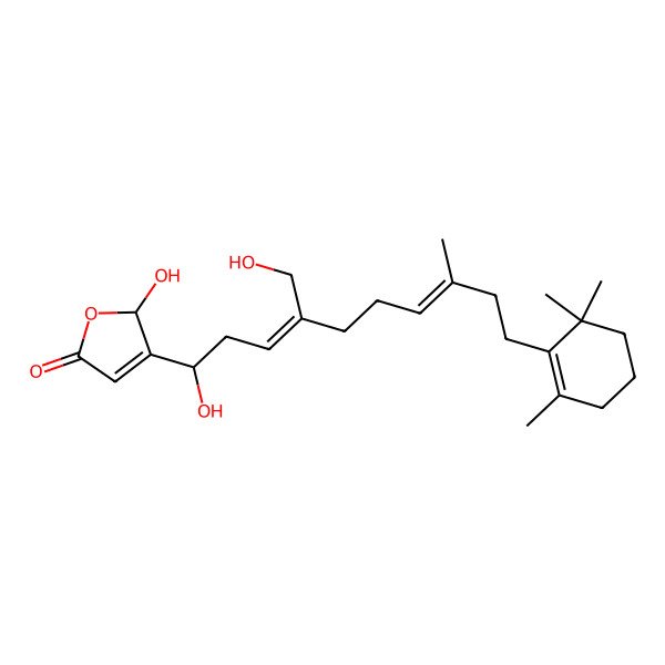 2D Structure of (2S)-2-hydroxy-3-[(1R,3E,7E)-1-hydroxy-4-(hydroxymethyl)-8-methyl-10-(2,6,6-trimethylcyclohexen-1-yl)deca-3,7-dienyl]-2H-furan-5-one
